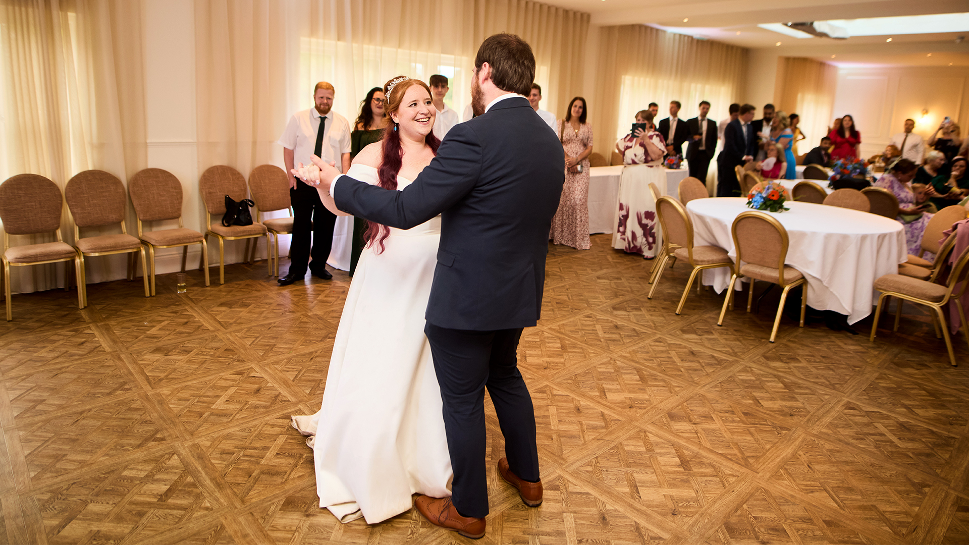 Blog 3 Bride and groom sharing their first dances in Prested Hall’s historic ballroom