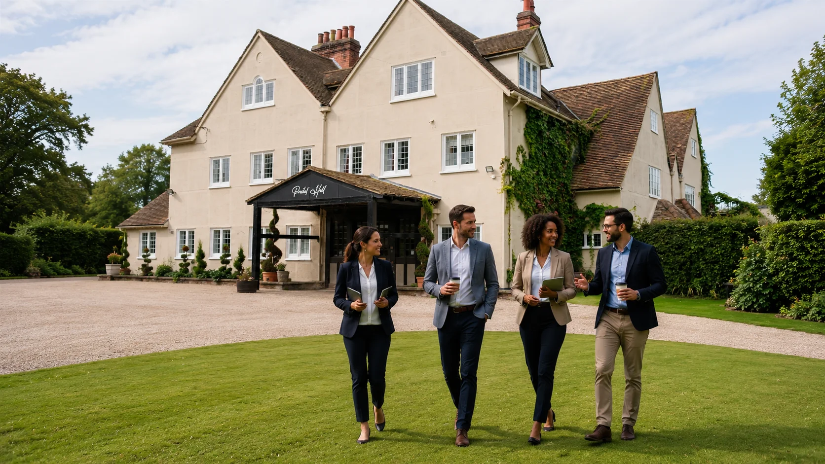 Colleagues collaborating and walking across the beautiful moated grounds of Prested Hall during a productive corporate retreat Essex