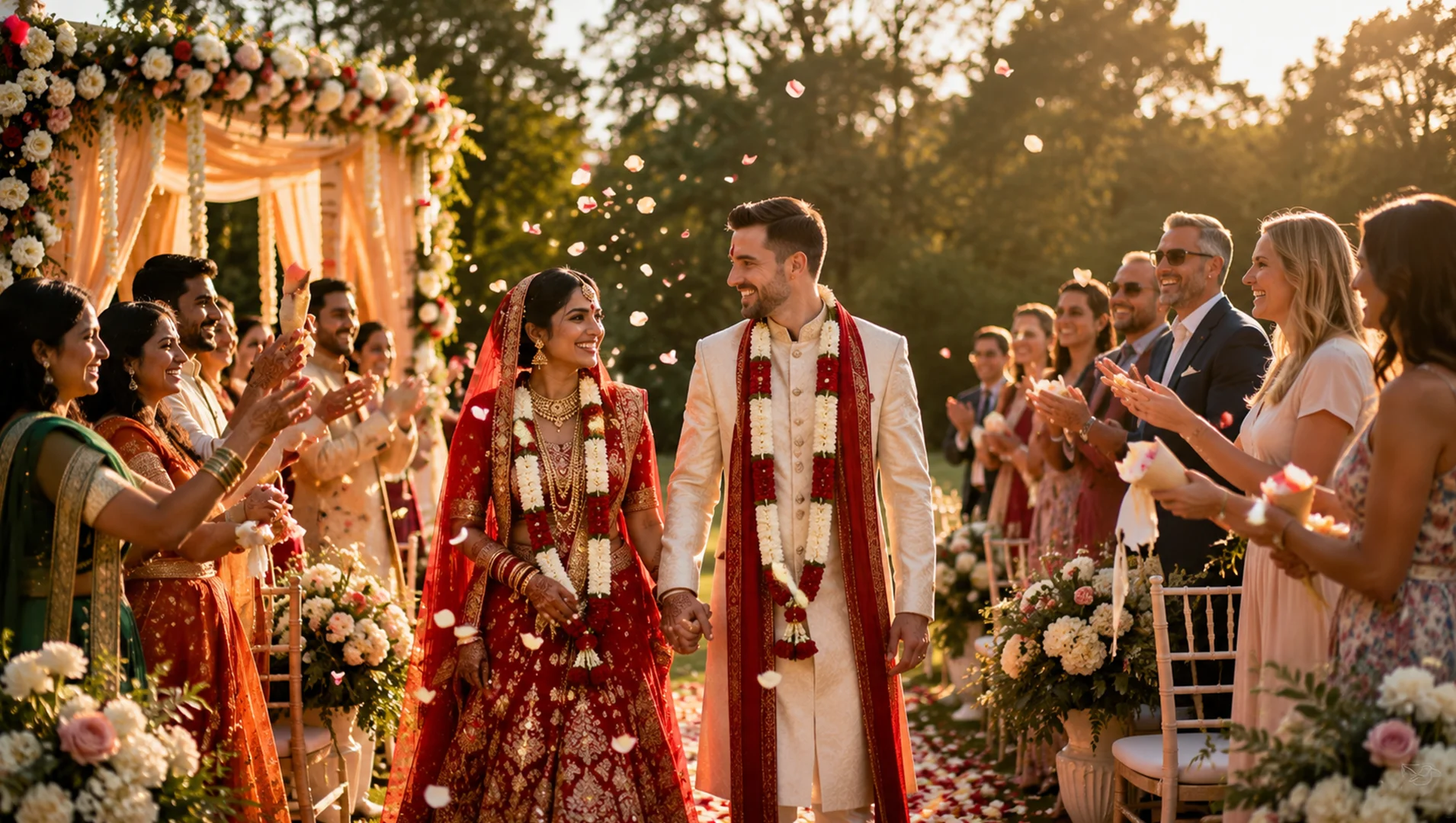 A newlywed couple celebrating their vibrant, seamless Multi ceremony wedding Essex, transitioning from a morning cultural ceremony to an afternoon civil blessing.
