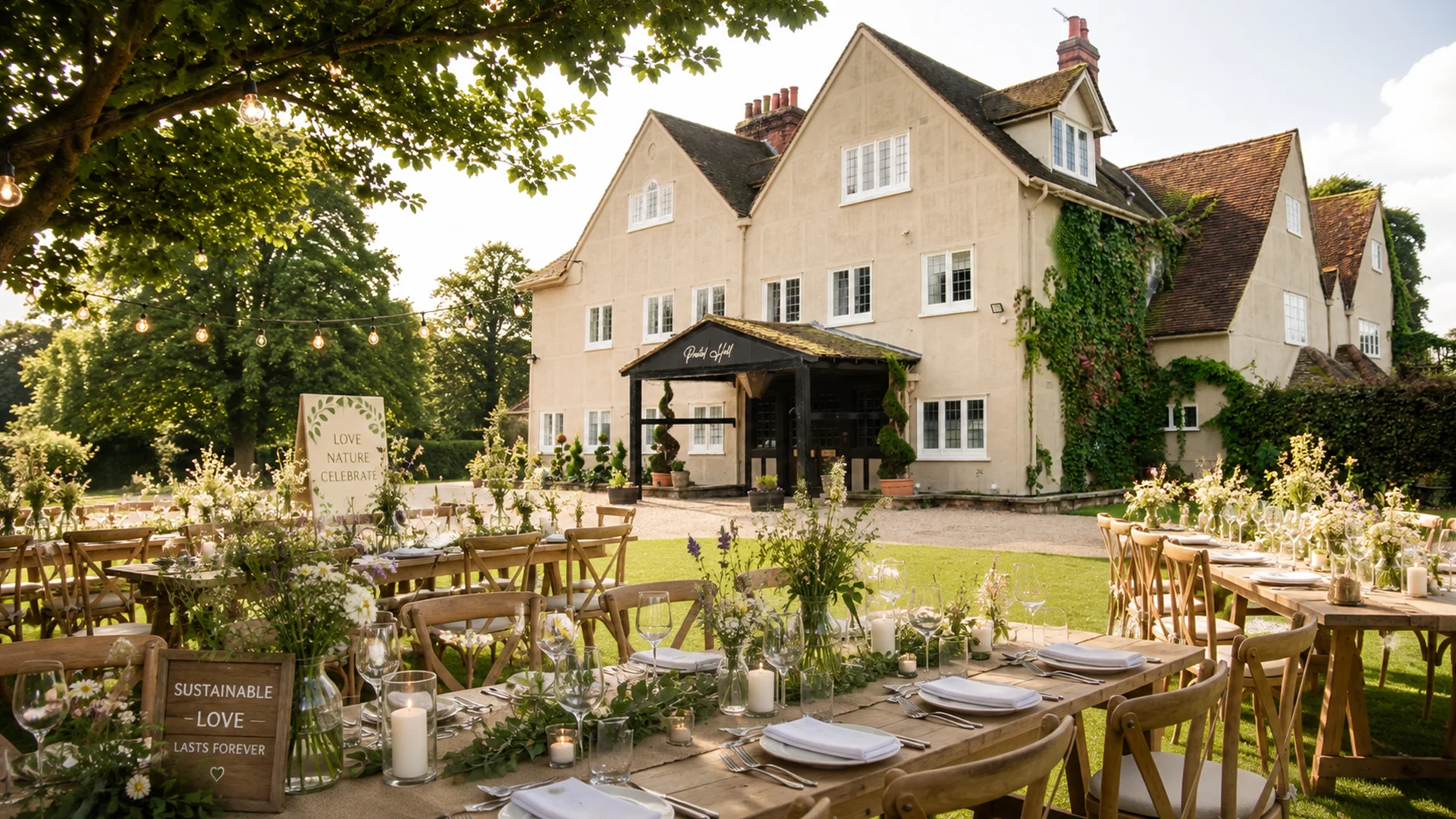 A beautifully styled, sustainable outdoor wedding reception on the sunlit lawns, showcasing the natural beauty of a premier Eco-friendly wedding venue UK.