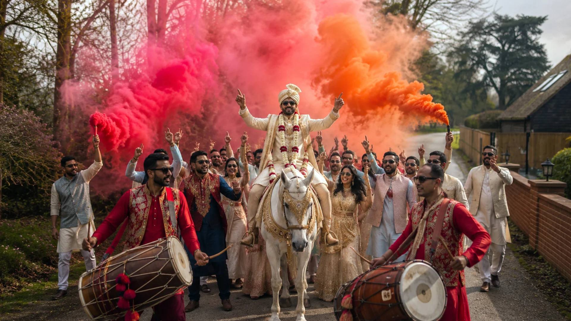 A groom arriving in a spectacular Baraat procession at a premier Indian wedding venue Essex, featuring colorful smoke grenades, dancing families, and energetic Dhol players.