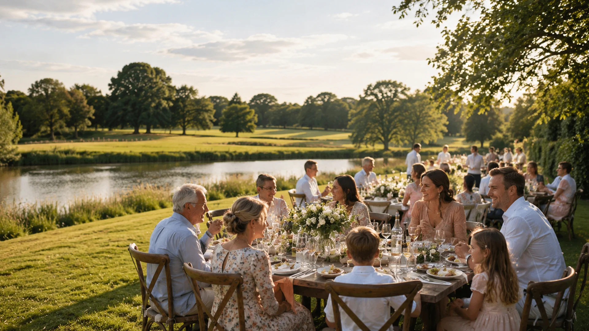 A newlywed couple enjoying a Sunday farewell brunch with family outside a historic moated manor, showcasing the ultimate Weekend wedding venue Essex.