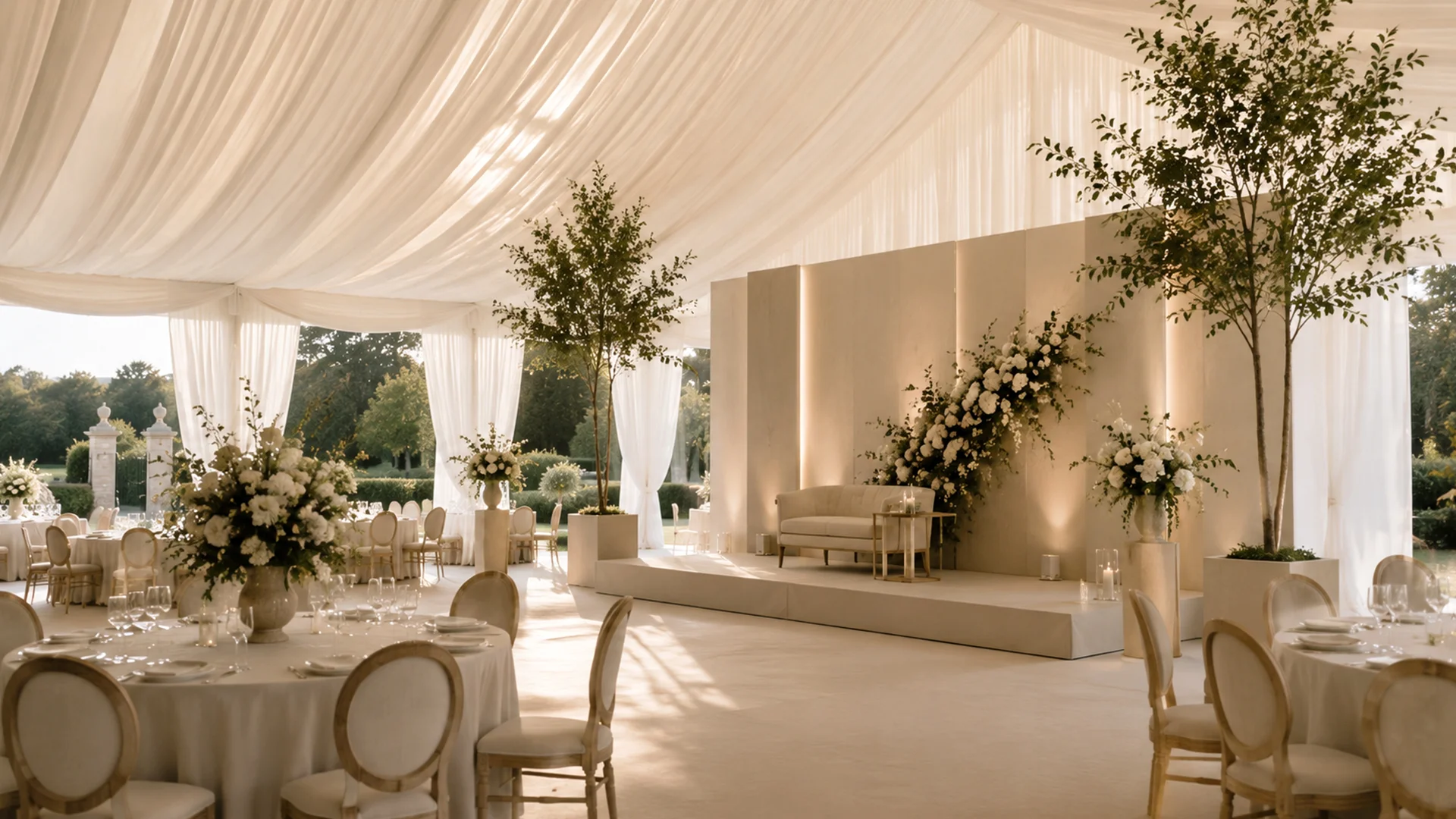 Blog 1 A breathtaking, custom-built floral ceiling installation inside a marquee, perfectly illustrating the bespoke luxury of the anti-package trend at Dry hire wedding venues Essex.