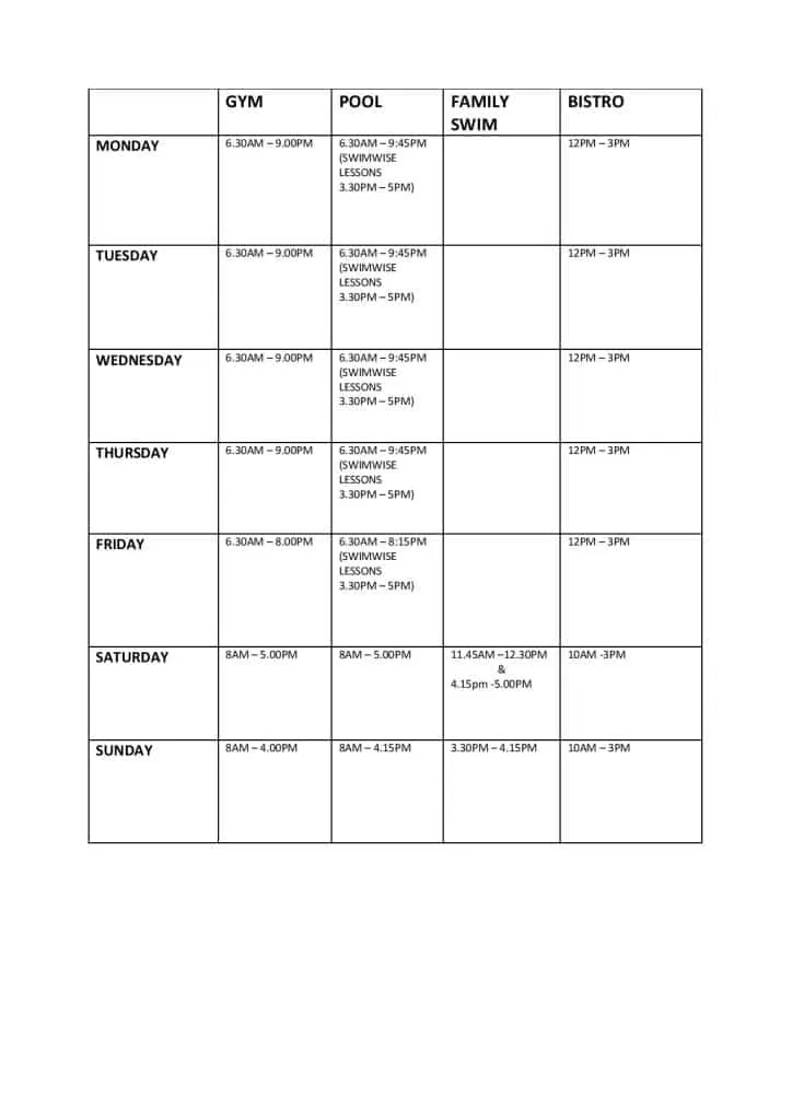Health Club Timetable 1 Prested Hall